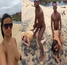 Pescador sortudo comendo loira e morena na praia