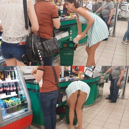Mulher sem calcinha mostrando a buceta pra desconhecidos no supermercado