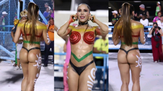 Mulher melão só de pintura corporal exibindo o bundão em ensaio de carnaval