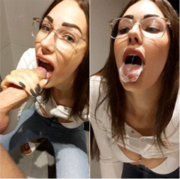 Novinha chupando o pau do colega de trabalho no banheiro